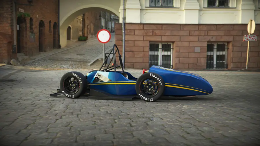 Blue race car on a cobbled street