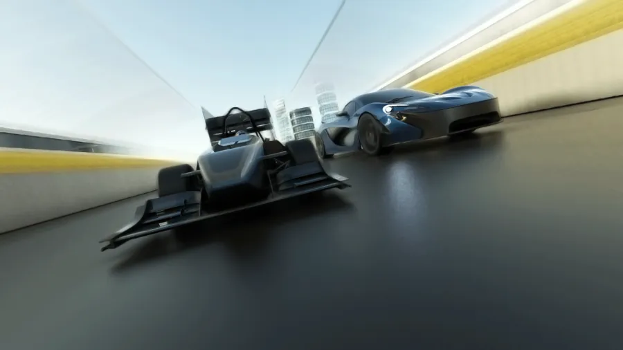 Race car and supercar in a motion-blurred tunnel